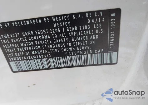 2014 Volkswagen Jetta 1.8T Se z USA, uszkodzony, nr VIN 3VWD07AJ8EM293312